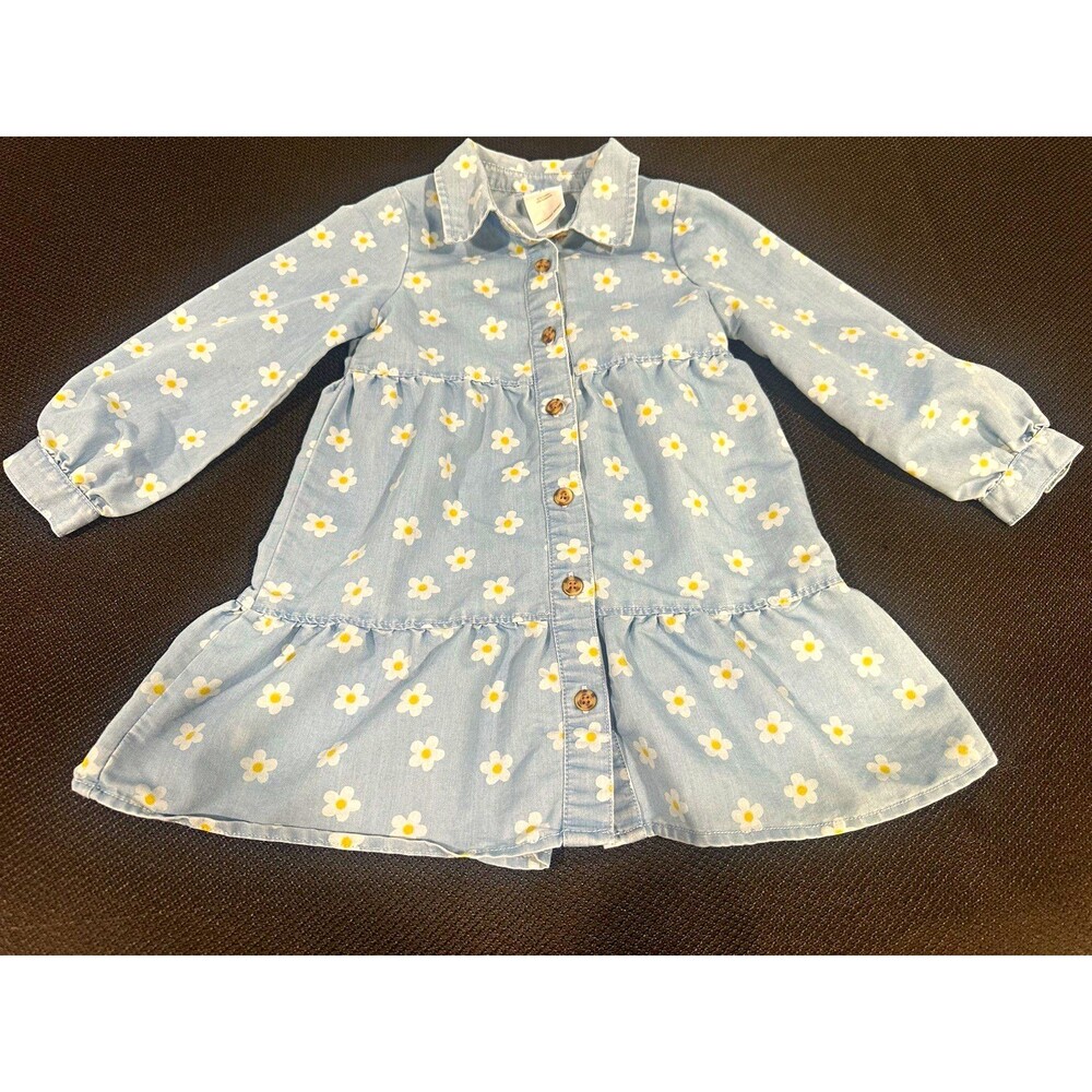 Okie Dokie Girls 3T Blue Floral Denim Shirt Dress Long Sleeve Button Front